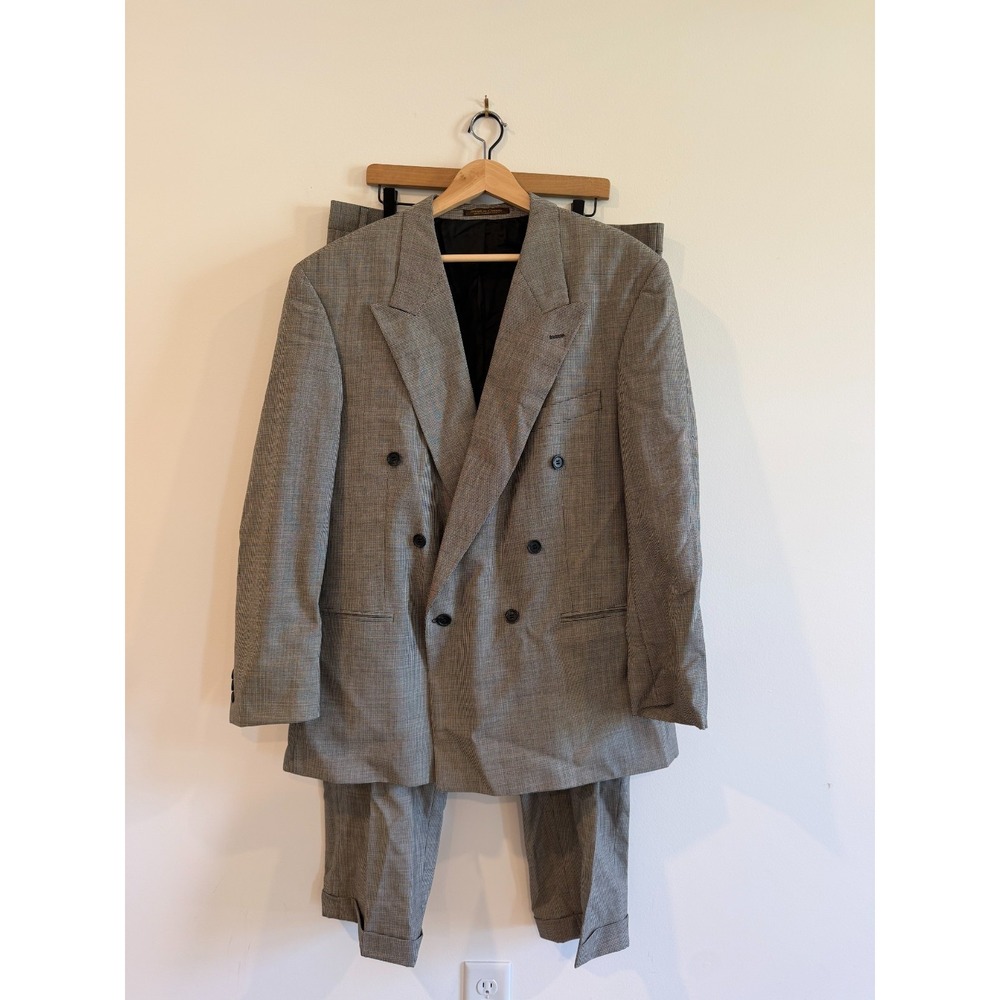 Vintage Brandini Double Breast Suit Micro check 48R 38X31 Pleated Cuffed Pants